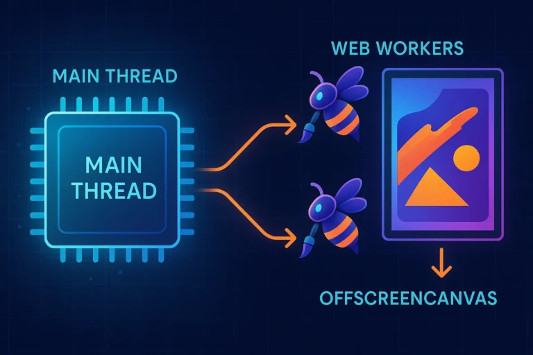 Diagramma che mostra il main thread alleggerito grazie a Web Workers che gestiscono il rendering su un Offscreen Canvas, migliorando le performance.