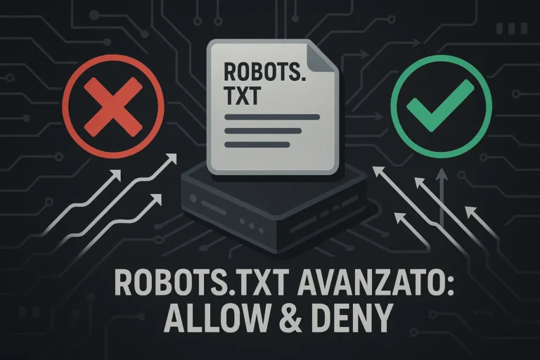 Illustrazione stilizzata del file robots.txt con simboli Allow (verde) e Disallow (rosso), frecce e bot crawler, che rappresenta il controllo del crawling.
