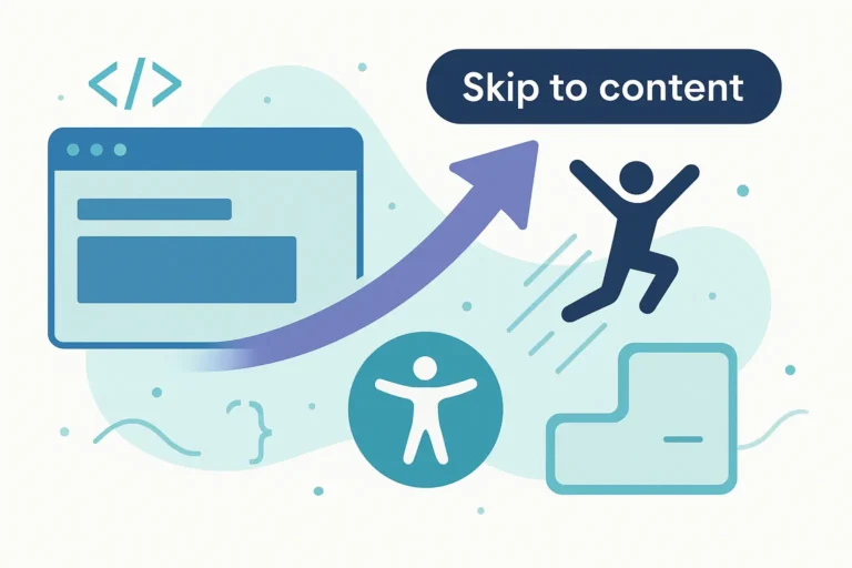 Illustrazione astratta che rappresenta l'accessibilità digitale, con elementi di codice e frecce che simboleggiano il salto (skip) al contenuto principale.