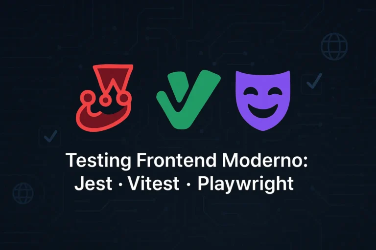 Illustrazione comparativa dei tool di testing frontend moderno Jest, Vitest e Playwright con i loro loghi.