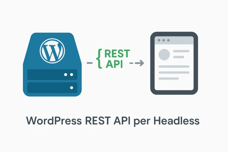 Illustrazione che mostra WordPress come backend headless collegato a un frontend tramite la REST API