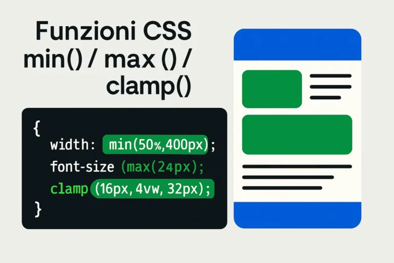 Illustrazione sull'uso avanzato delle funzioni CSS min(), max() e clamp() per layout responsive