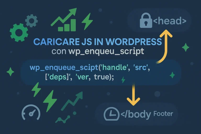 Illustrazione che mostra il concetto di caricamento ottimale di JavaScript in WordPress usando l'hook wp_enqueue_script, con simboli di codice e performance.