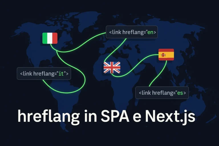 Illustrazione che mostra il concetto di hreflang in una SPA o Next.js, con una mappa del mondo, bandiere e tag stilizzati.