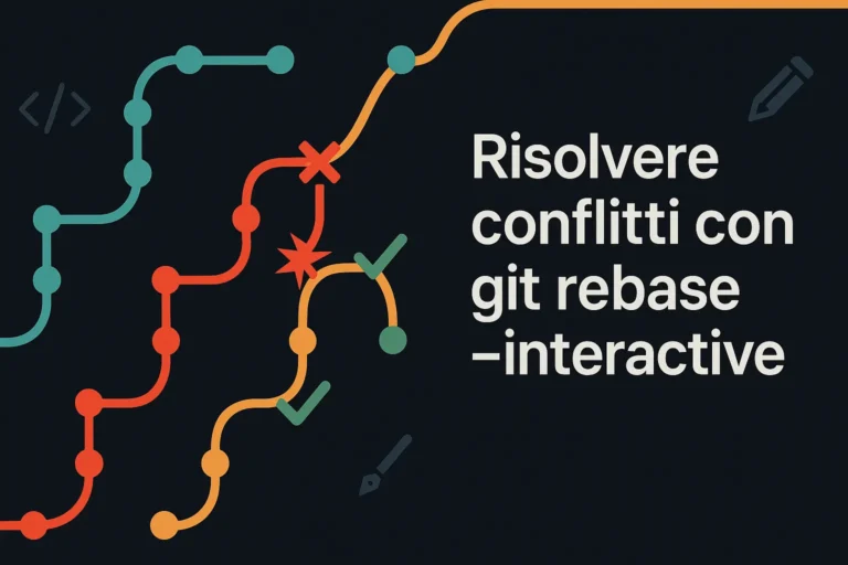 Illustrazione che mostra il processo di git rebase interactive con rami Git che si uniscono e risoluzione di conflitti.